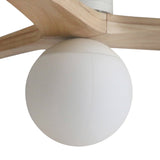 Ceiling fan with wooden blades and a white light fixture on a white background